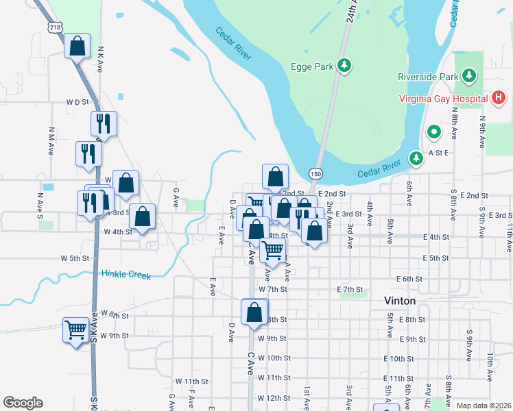 map of restaurants, bars, coffee shops, grocery stores, and more near 406 W 2nd St in Vinton