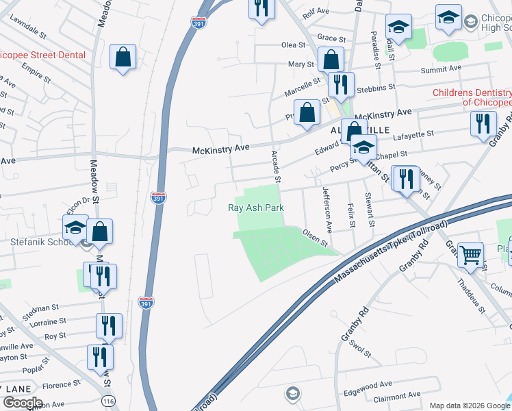 map of restaurants, bars, coffee shops, grocery stores, and more near 687 Arcade Street in Chicopee