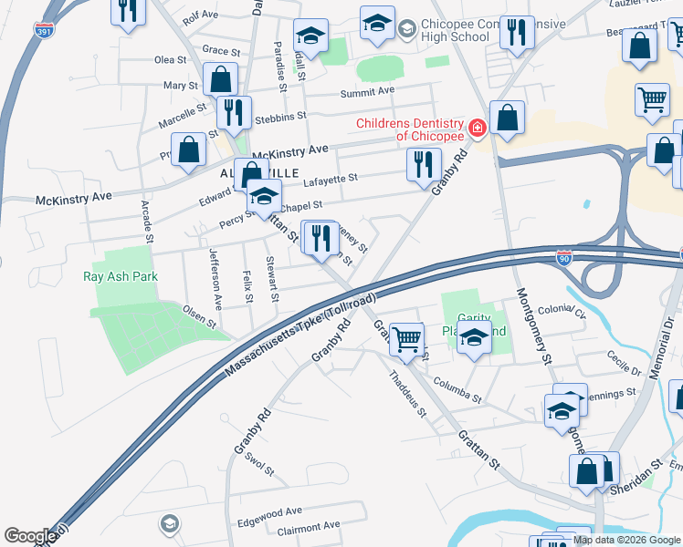 map of restaurants, bars, coffee shops, grocery stores, and more near 458 Grattan Street in Chicopee