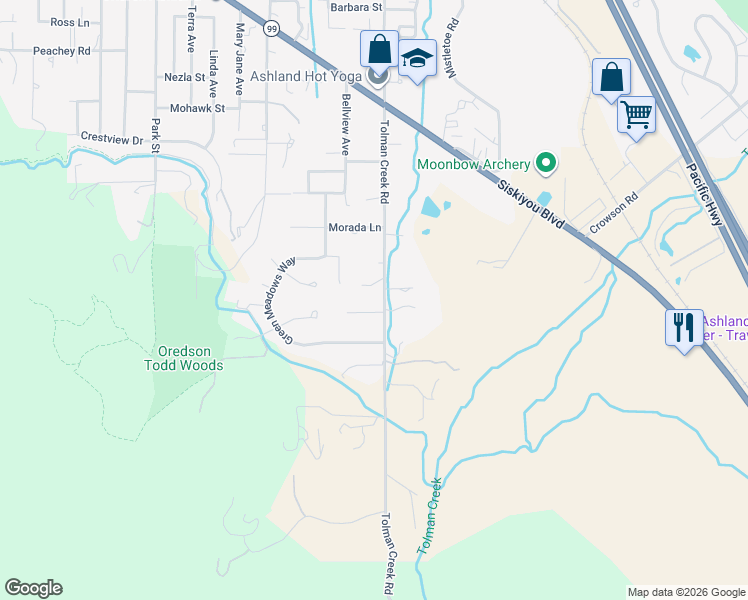 map of restaurants, bars, coffee shops, grocery stores, and more near 1373 Tolman Creek Road in Ashland
