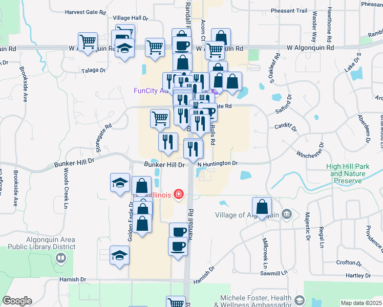map of restaurants, bars, coffee shops, grocery stores, and more near 734 North Randall Road in Algonquin