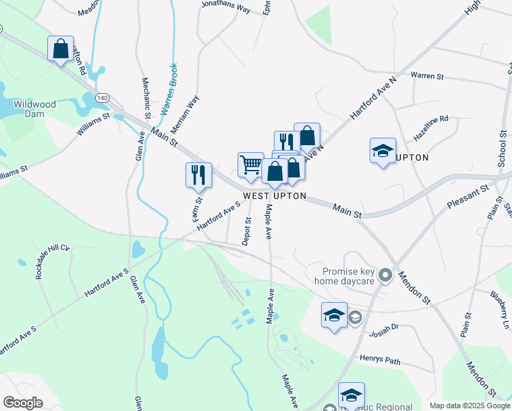 map of restaurants, bars, coffee shops, grocery stores, and more near 3 Depot Street in Upton