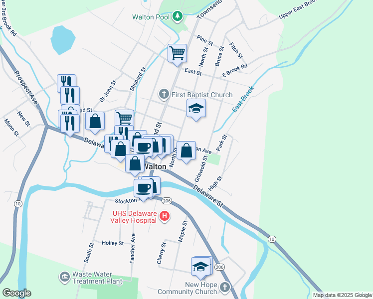 map of restaurants, bars, coffee shops, grocery stores, and more near 1 Benton Avenue in Walton