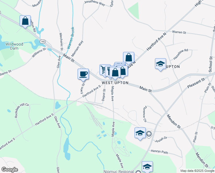 map of restaurants, bars, coffee shops, grocery stores, and more near 2 Hartford Avenue North in Upton