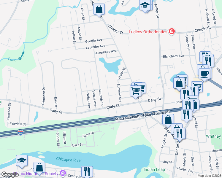 map of restaurants, bars, coffee shops, grocery stores, and more near 10 Raymond Street in Ludlow