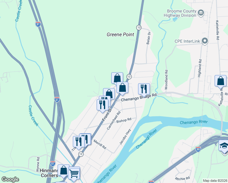 map of restaurants, bars, coffee shops, grocery stores, and more near 102 Trafford Rd in Binghamton