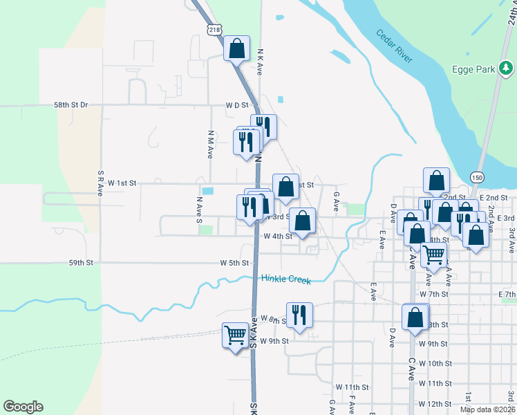 map of restaurants, bars, coffee shops, grocery stores, and more near 210 South K Avenue in Vinton