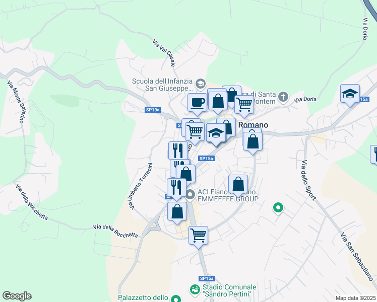 map of restaurants, bars, coffee shops, grocery stores, and more near 22 Via Aldo Moro in Fiano Romano