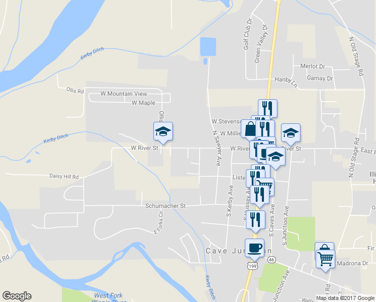 map of restaurants, bars, coffee shops, grocery stores, and more near 139 North Tracy Lane in Cave Junction