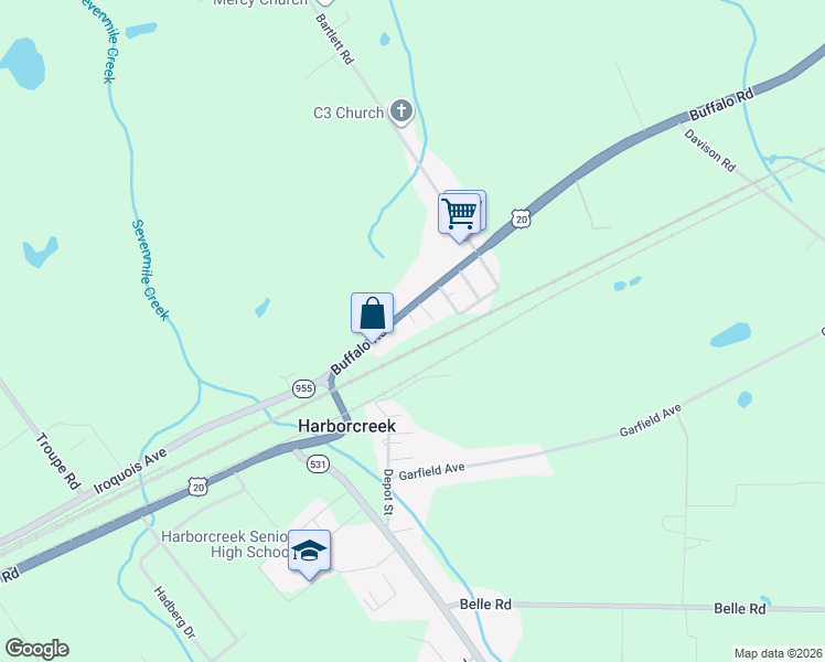 map of restaurants, bars, coffee shops, grocery stores, and more near 6823 Buffalo Road in Harborcreek