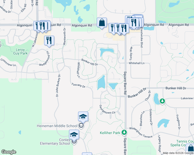 map of restaurants, bars, coffee shops, grocery stores, and more near 4410 Whitehall Lane in Algonquin