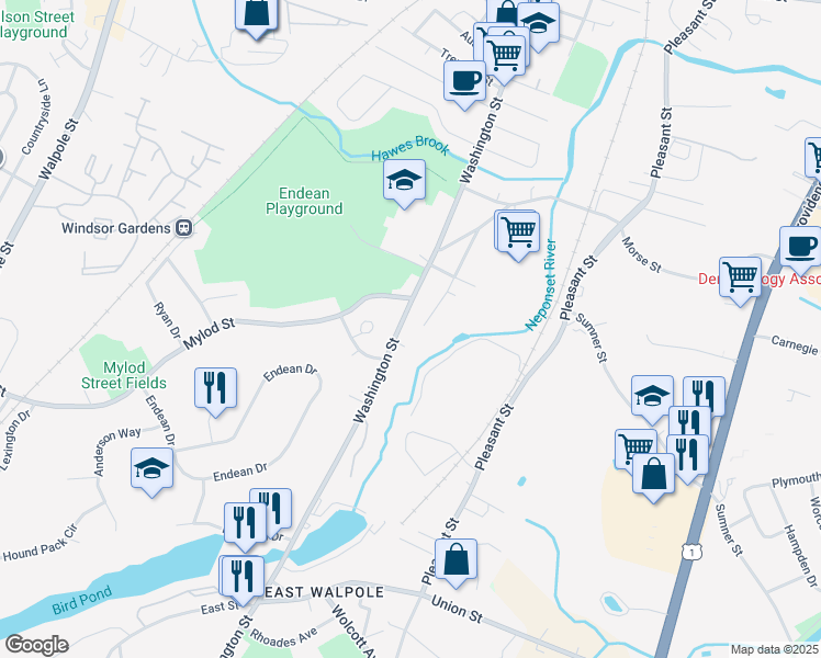 map of restaurants, bars, coffee shops, grocery stores, and more near 1363 Washington Street in Norwood