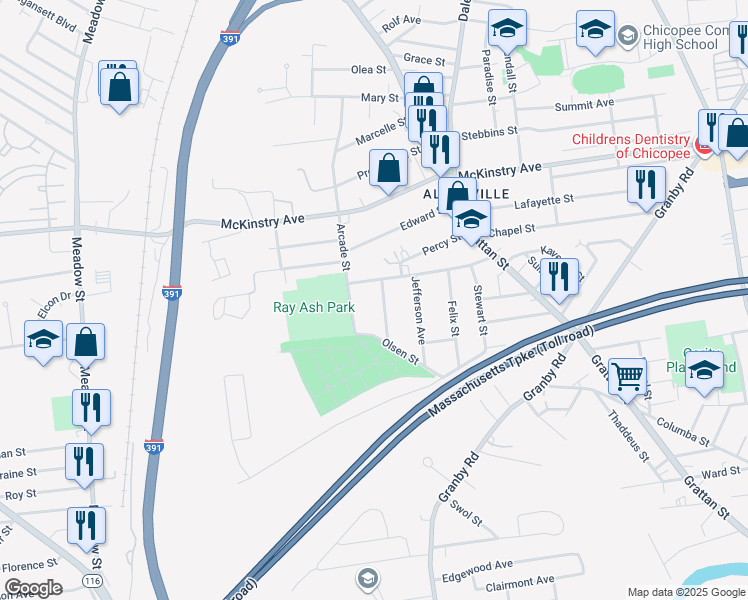 map of restaurants, bars, coffee shops, grocery stores, and more near 143 Trilby Avenue in Chicopee
