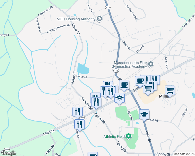 map of restaurants, bars, coffee shops, grocery stores, and more near 217 Curve Street in Millis