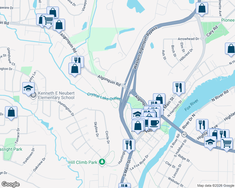 map of restaurants, bars, coffee shops, grocery stores, and more near 801 West Algonquin Road in Algonquin