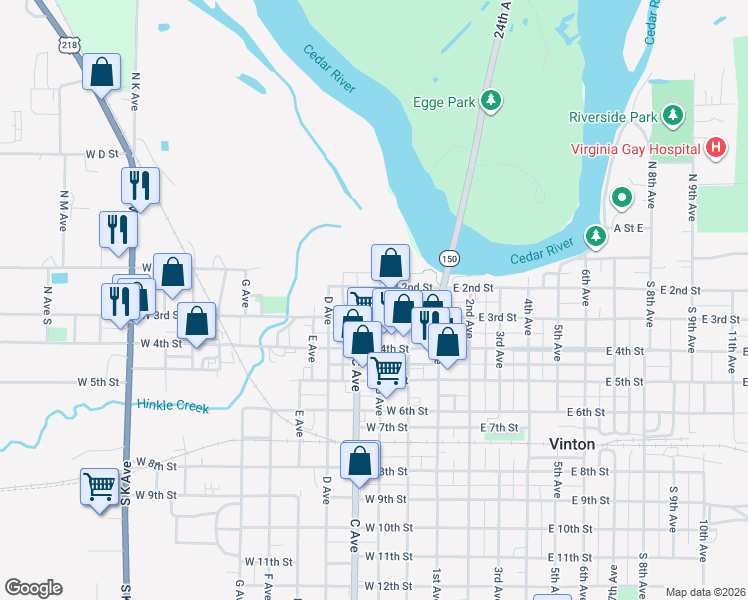 map of restaurants, bars, coffee shops, grocery stores, and more near 212 West 2nd Street in Vinton