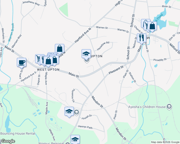 map of restaurants, bars, coffee shops, grocery stores, and more near 73 Main Street in Upton