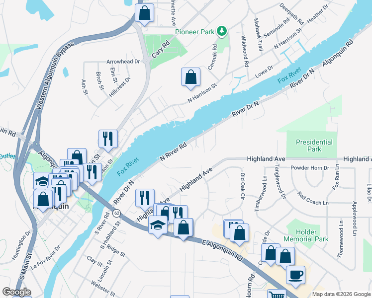 map of restaurants, bars, coffee shops, grocery stores, and more near 721 North River Road in Algonquin