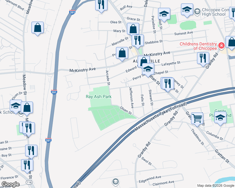 map of restaurants, bars, coffee shops, grocery stores, and more near 143 Trilby Avenue in Chicopee
