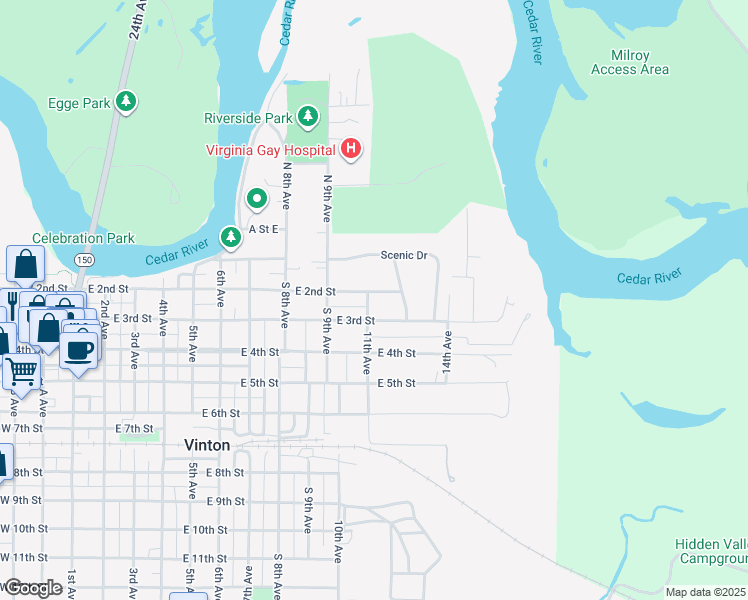 map of restaurants, bars, coffee shops, grocery stores, and more near 1102 East 2nd Street in Vinton