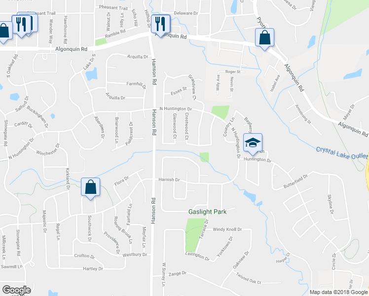 map of restaurants, bars, coffee shops, grocery stores, and more near 1341 Parkwood Circle in Algonquin