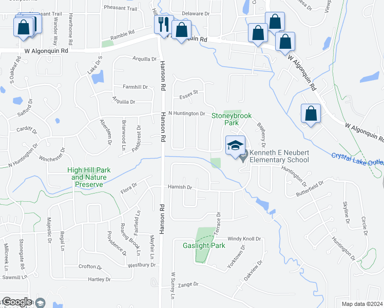 map of restaurants, bars, coffee shops, grocery stores, and more near 395 Glenwood Court in Algonquin