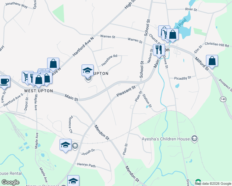 map of restaurants, bars, coffee shops, grocery stores, and more near 17 Pleasant Street in Upton