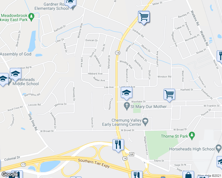 map of restaurants, bars, coffee shops, grocery stores, and more near 105 Lee Ave in Horseheads