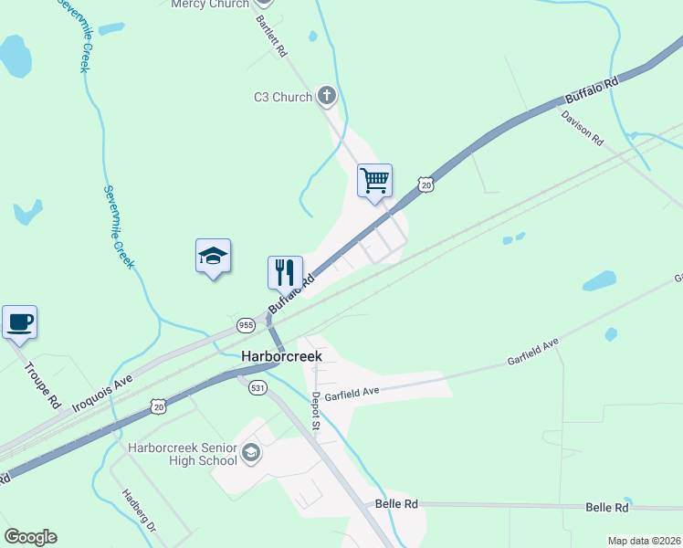 map of restaurants, bars, coffee shops, grocery stores, and more near 6823 Buffalo Rd in Erie