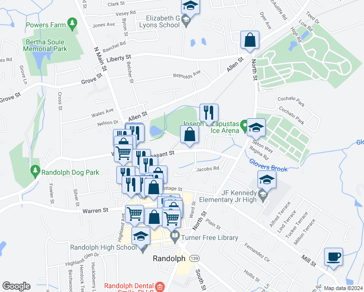 map of restaurants, bars, coffee shops, grocery stores, and more near 84 Pleasant Street in Randolph