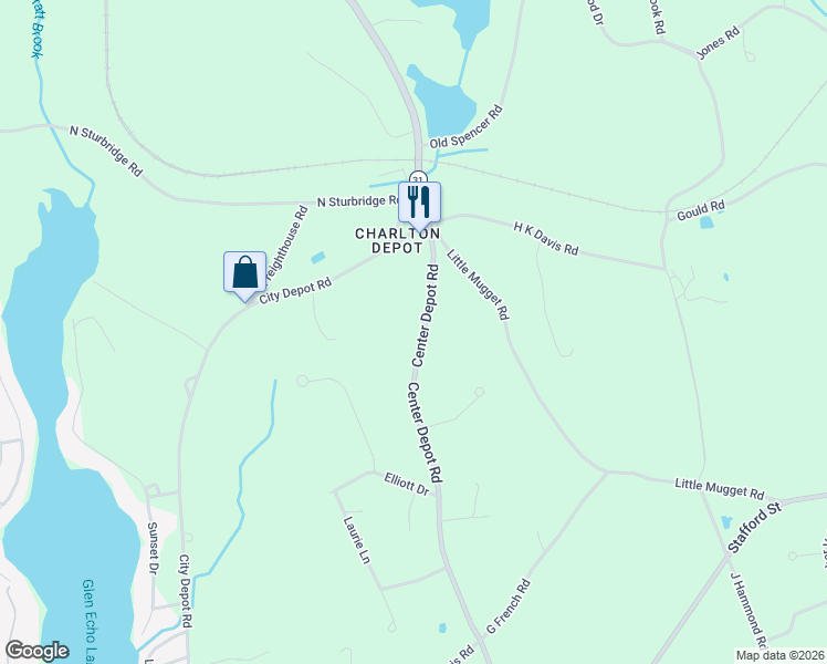 map of restaurants, bars, coffee shops, grocery stores, and more near 192 Center Depot Road in Charlton