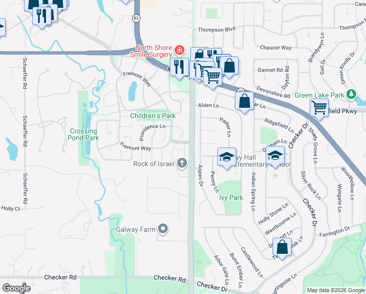 map of restaurants, bars, coffee shops, grocery stores, and more near 964 Burgess Circle in Buffalo Grove