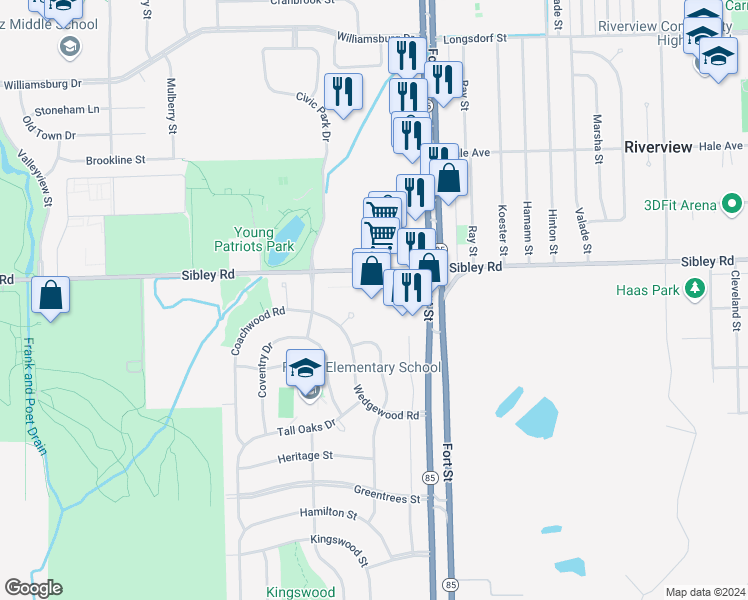 map of restaurants, bars, coffee shops, grocery stores, and more near 19030 Fort Saint A in Riverview