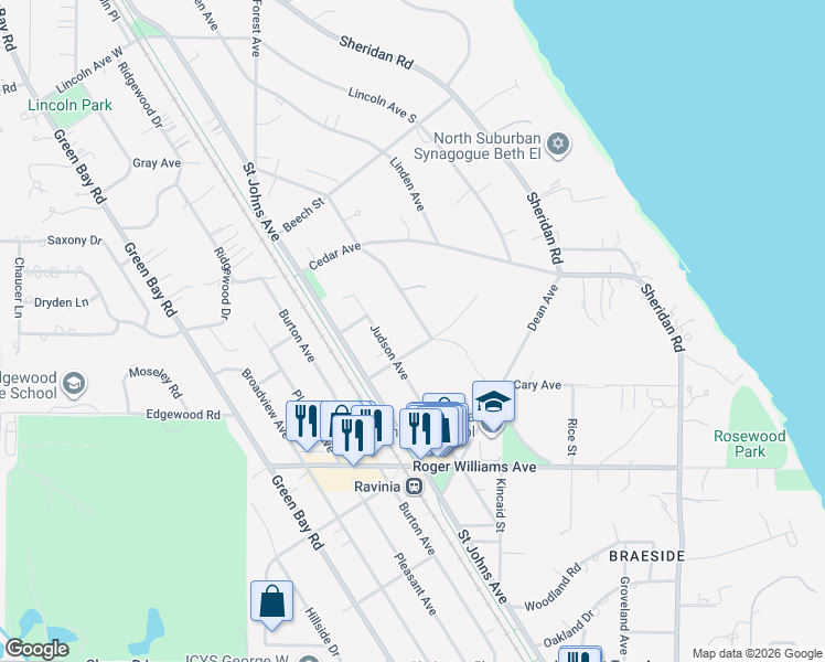 map of restaurants, bars, coffee shops, grocery stores, and more near 948 Wade Street in Highland Park