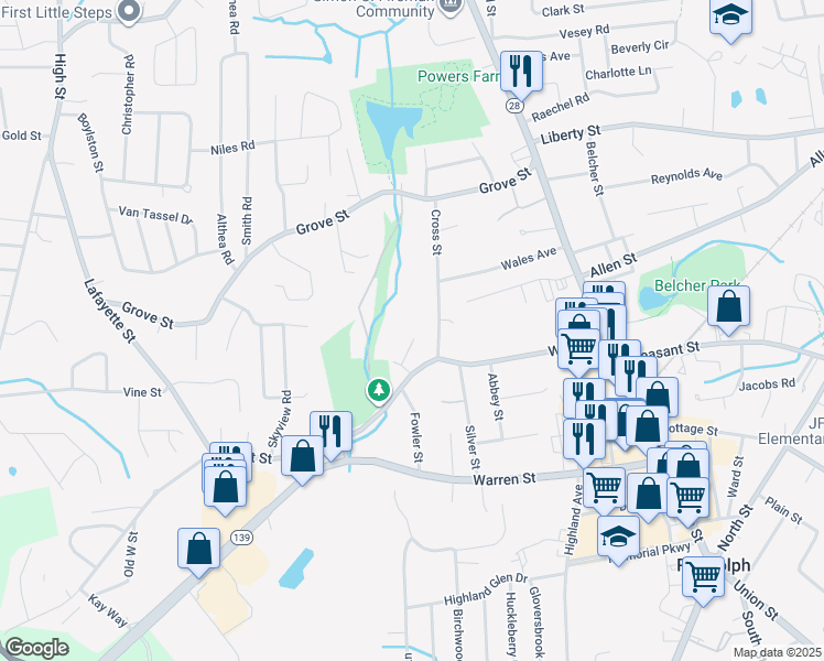 map of restaurants, bars, coffee shops, grocery stores, and more near 12 Westland Road in Randolph