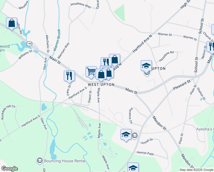 map of restaurants, bars, coffee shops, grocery stores, and more near 112 Main Street in Upton