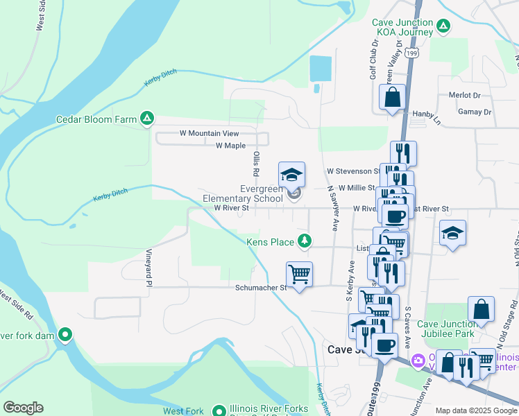 map of restaurants, bars, coffee shops, grocery stores, and more near 520 West River Street in Cave Junction