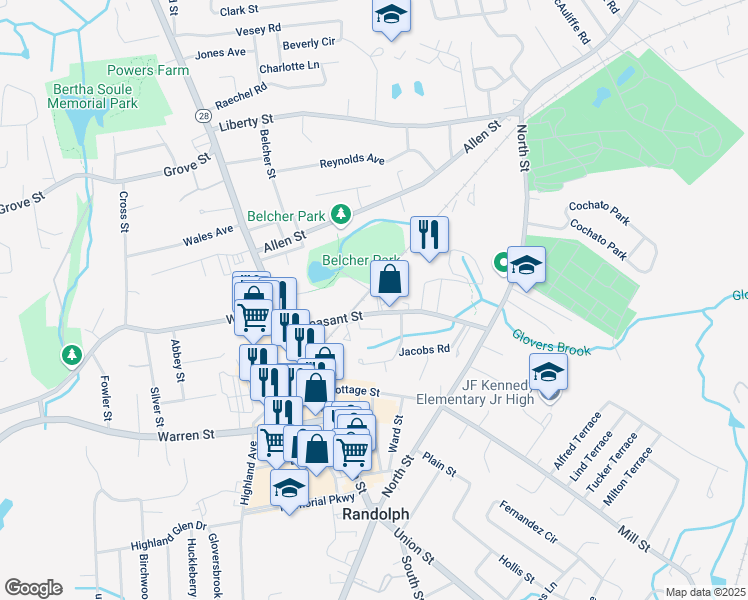 map of restaurants, bars, coffee shops, grocery stores, and more near 84 Pleasant Street in Randolph