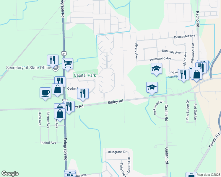 map of restaurants, bars, coffee shops, grocery stores, and more near 18537 Pine West in Brownstown Charter Township