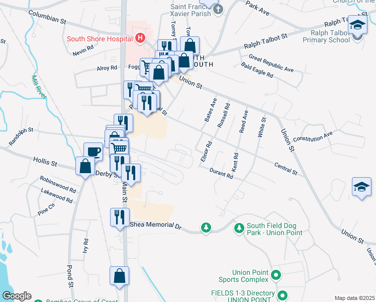 map of restaurants, bars, coffee shops, grocery stores, and more near 120 Gas Light Drive in Weymouth