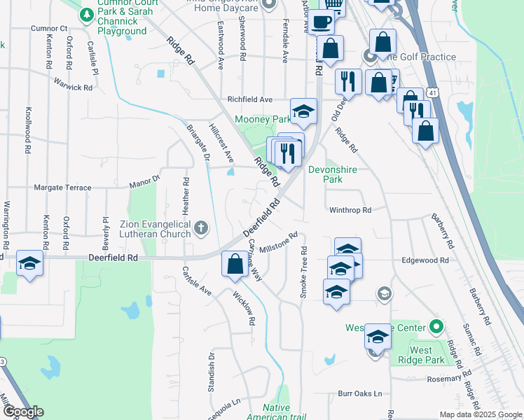 map of restaurants, bars, coffee shops, grocery stores, and more near 973 Coventry Lane in Highland Park