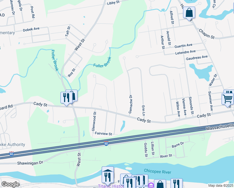 map of restaurants, bars, coffee shops, grocery stores, and more near 73 Grimard Street in Ludlow