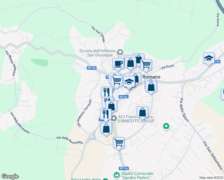 map of restaurants, bars, coffee shops, grocery stores, and more near 22 Via Aldo Moro in Fiano Romano