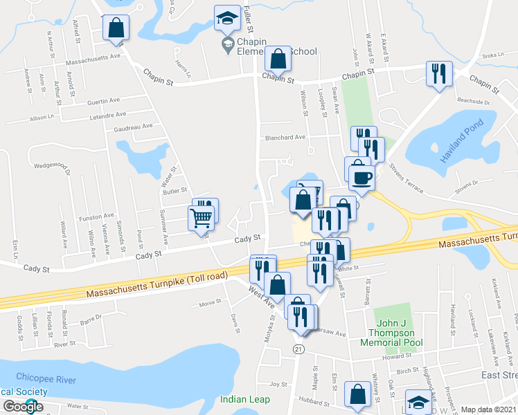 map of restaurants, bars, coffee shops, grocery stores, and more near 89 Fuller Street in Ludlow