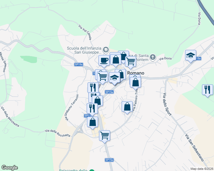 map of restaurants, bars, coffee shops, grocery stores, and more near 43 F.Turati in Fiano Romano