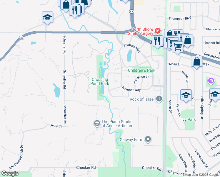 map of restaurants, bars, coffee shops, grocery stores, and more near 1573 Bunescu Lane in Buffalo Grove