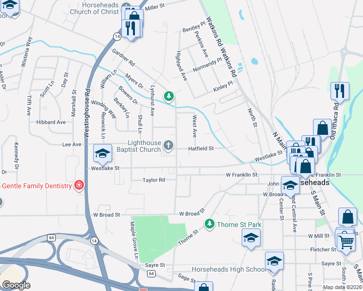 map of restaurants, bars, coffee shops, grocery stores, and more near 302 Gardner Rd in Horseheads
