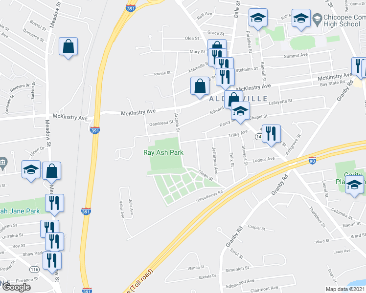 map of restaurants, bars, coffee shops, grocery stores, and more near 165 Trilby Avenue in Chicopee