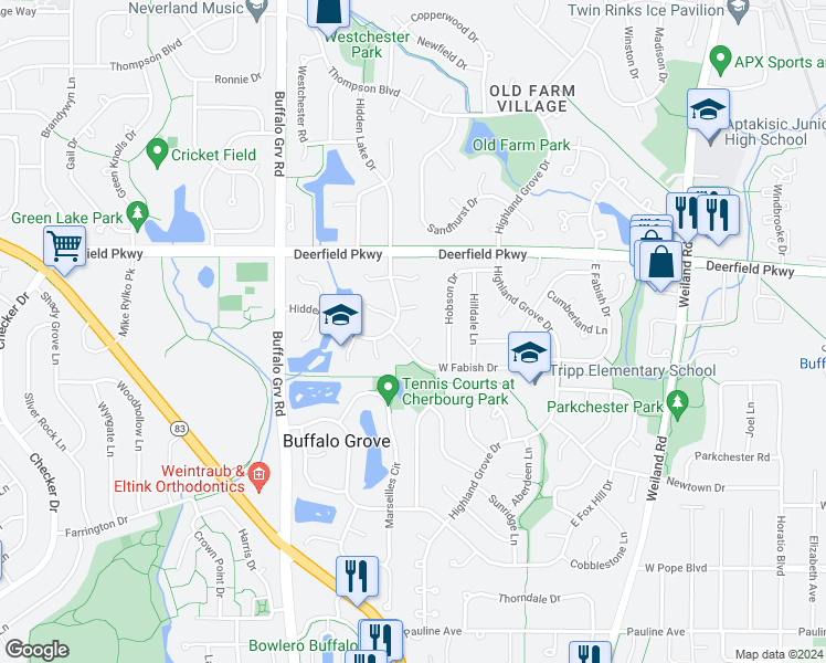 map of restaurants, bars, coffee shops, grocery stores, and more near 961 Harvest Circle in Buffalo Grove