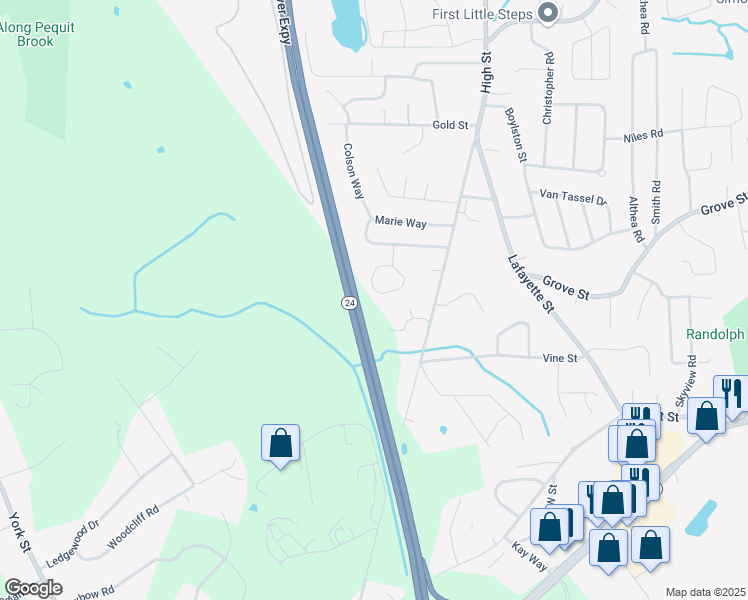 map of restaurants, bars, coffee shops, grocery stores, and more near 28 J A McDermott Circle in Randolph